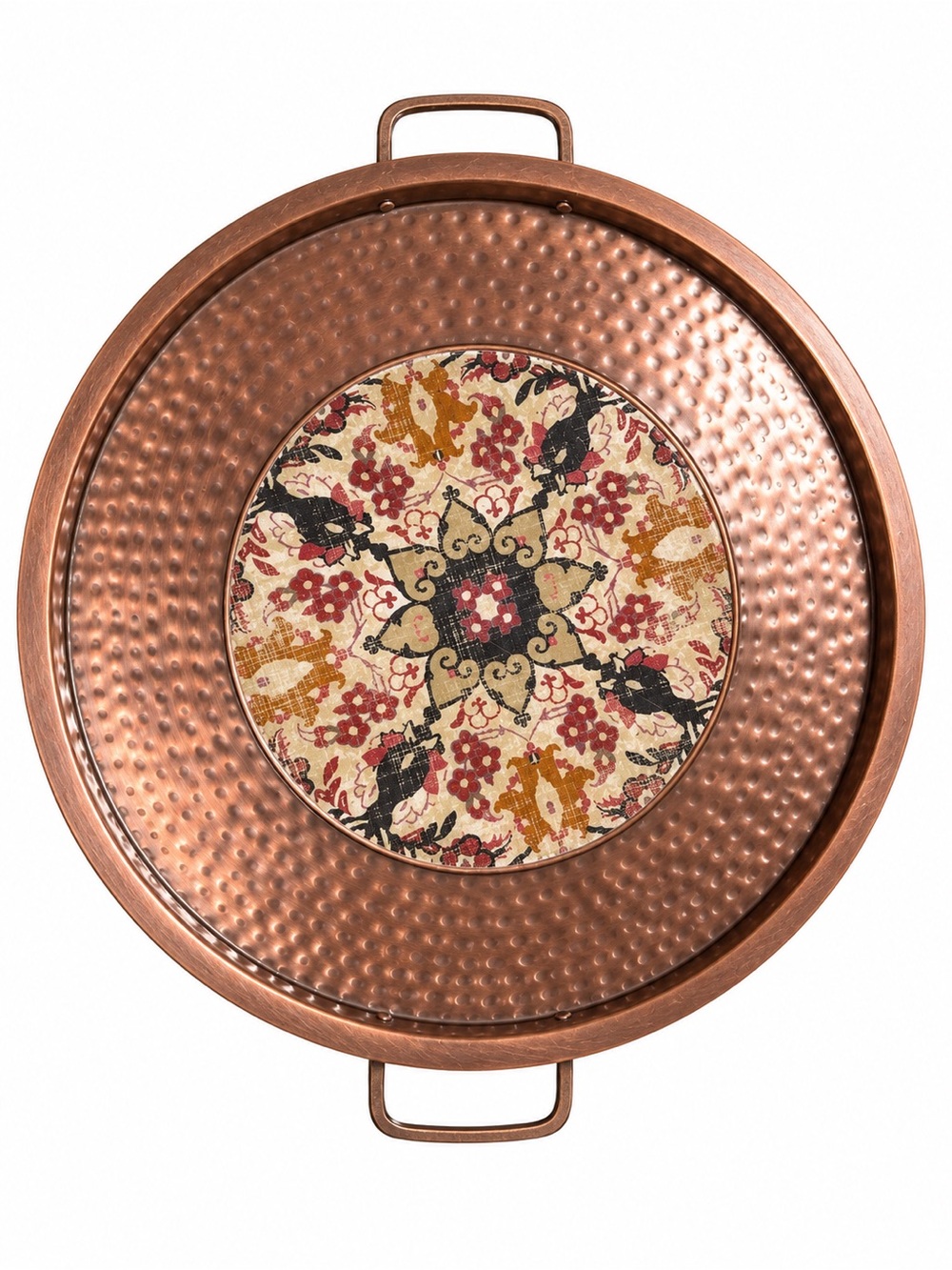 World Market Hammered Copper Serving Tray with Floral Mosaic Center